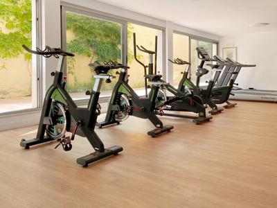 Wnętrze z kilkoma rowerami treningowymi i bieżnią przy dużych oknach.
