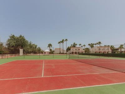 Roter Tennisplatz im Freien mit grünen Rändern und Palmen sowie Häusern im Hintergrund.