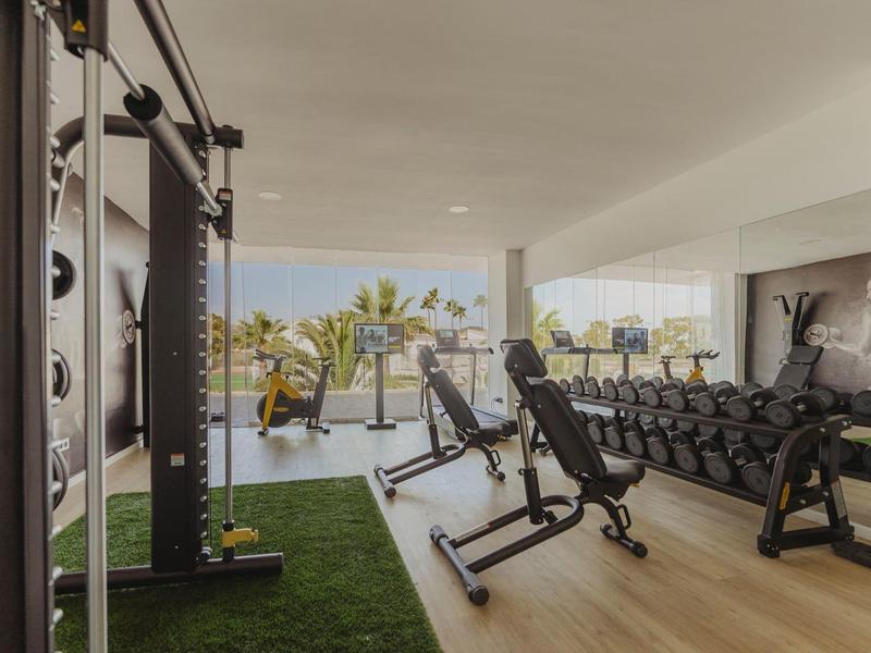 Moderní posilovna se zařízeními, závažími a výhledem na palmy a moře.