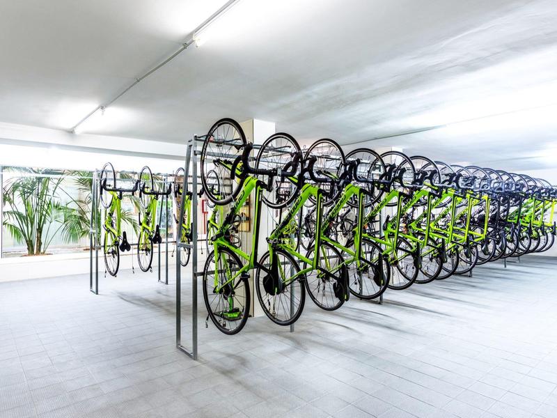 Reihen von grünen Fahrrädern in einer hellen, überdachten Garage mit Sicht auf Palmen.