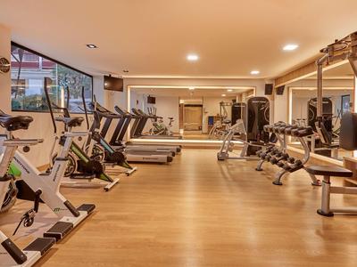 Gimnasio moderno con equipo diverso y suelo de laminado de madera.