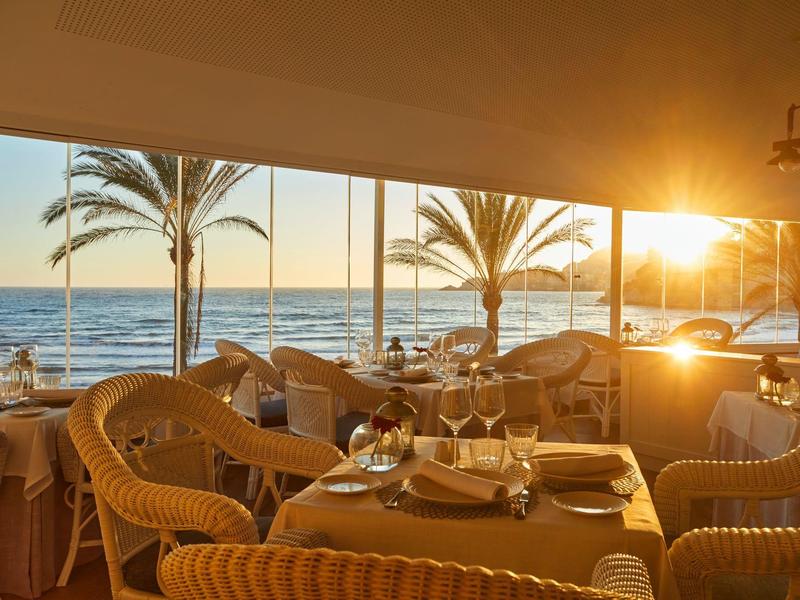 Restaurant en bord de mer avec tables, chaises en osier, palmiers et coucher de soleil sur l'océan.