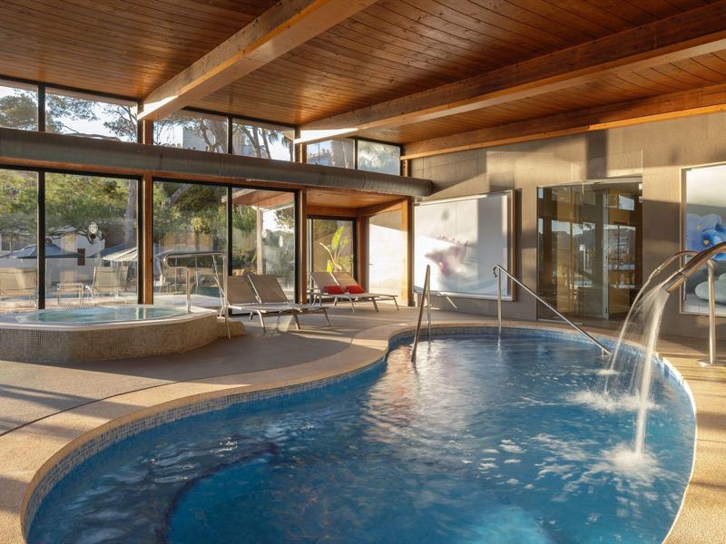 Piscine intérieure et spa avec plafond en bois et grandes fenêtres.