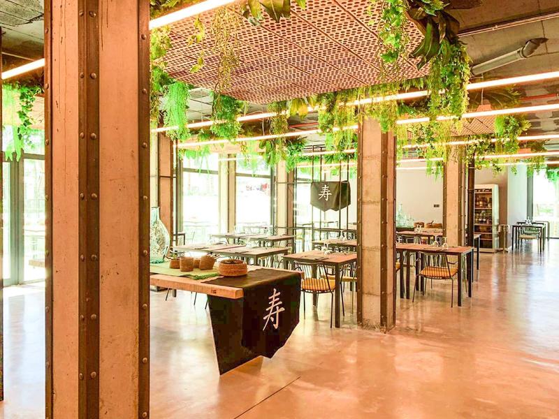 Svůj, moderní jídelní prostor se dřevěnými sloupy a zelenými rostlinnými dekoracemi.