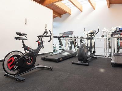 Fitnessraum mit Fahrrad, Laufbändern und Trainingsgeräten unter Holzdeckenfenstern.