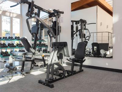 Nowoczesny sprzęt do ćwiczeń w jasnej, przestronnej siłowni z dużymi oknami.