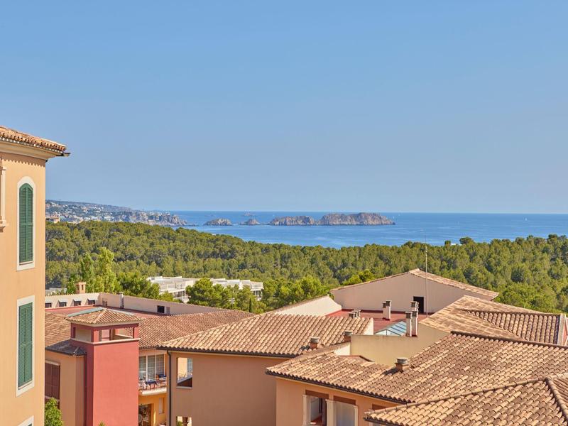 Vue sur les toits, la forêt et la mer sous un ciel clair près d'un hôtel.