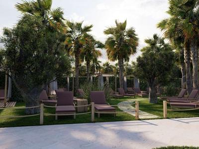 Espace extérieur relaxant avec chaises longues et palmiers dans un jardin d'hôtel tropical.