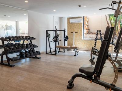 Modern gym with equipment and dumbbells in a bright, airy hotel room.