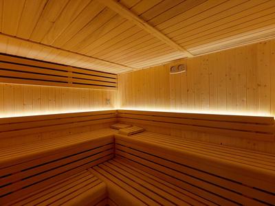 Sauna de madera clara con iluminación indirecta y bancos de madera en varios niveles.