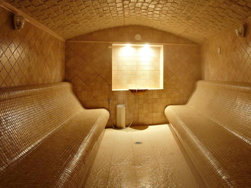 Innenraum einer Dampfsauna mit gewölbter Decke und langen, gekachelten Bänken auf beiden Seiten.