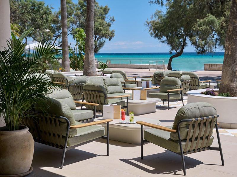 Gezellige zitplaatsen onder bomen met uitzicht op zee op een zonnige dag.