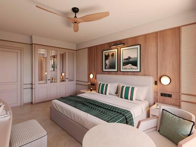 Modern hotelkamer met tweepersoonsbed, houten wandpanelen en stijlvolle inrichting.