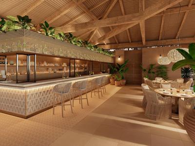 Espace bar d'hôtel élégant avec sièges modernes et éclairage stylé.