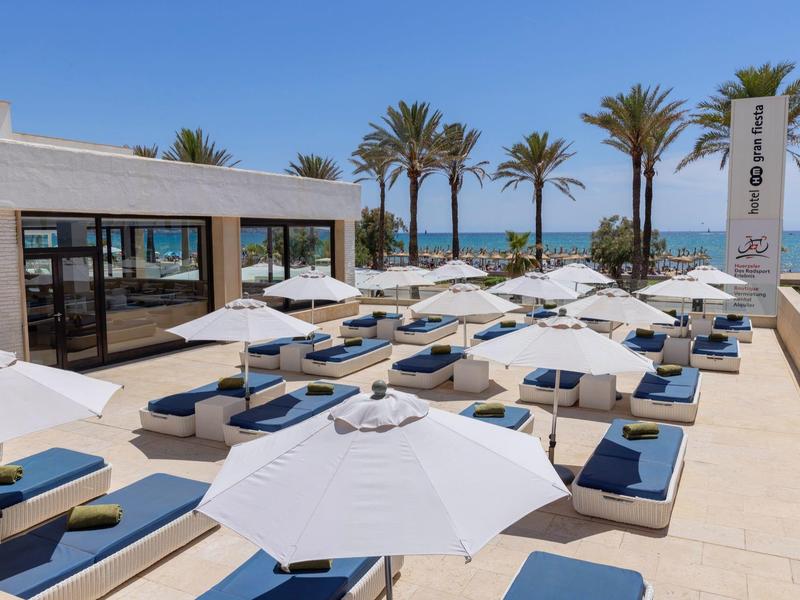 Hotelzwembad met blauwe ligbedden en witte parasols, palmbomen op de achtergrond.