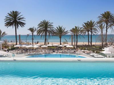 Luxurious pool area with palm trees and sea view on a sunny day