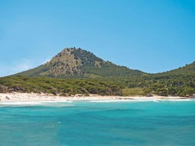 Strand met turquoise water, zandige kust en groene heuvels onder een heldere blauwe lucht.