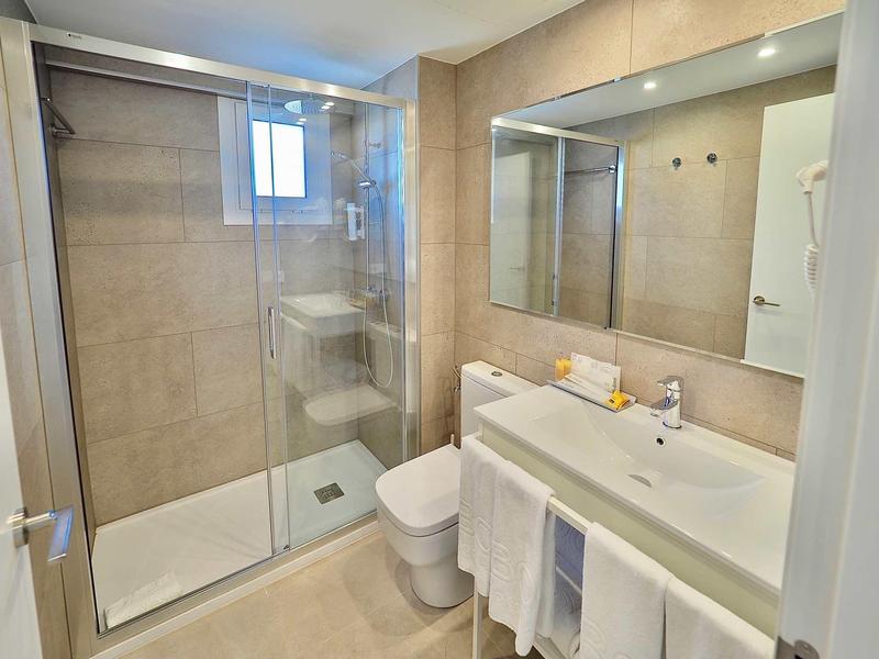 Modern bathroom with walk-in shower, toilet, and large mirror above the sink.