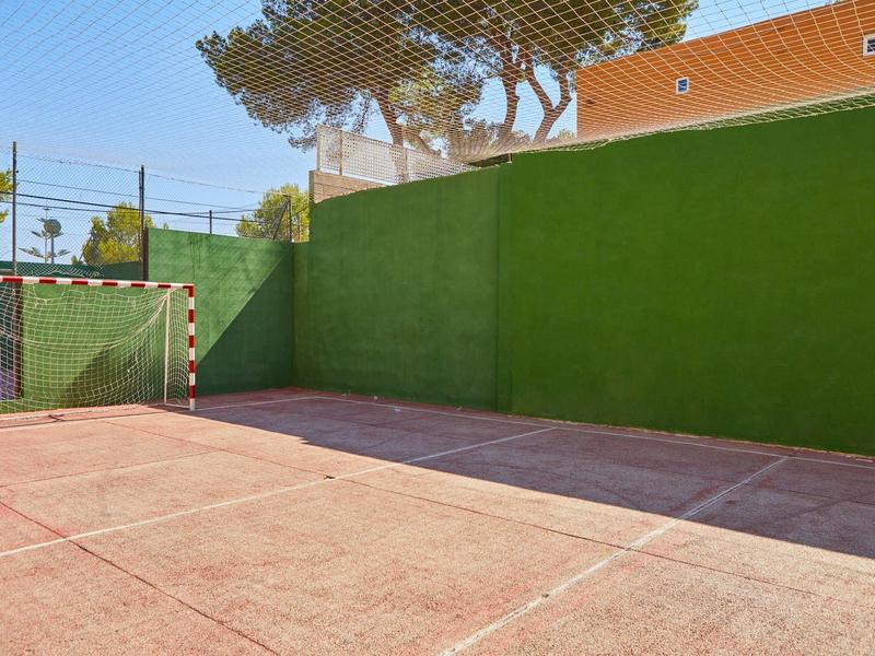 Otwarte boisko sportowe z zielonym murem i bramką do piłki ręcznej pod czystym niebem.