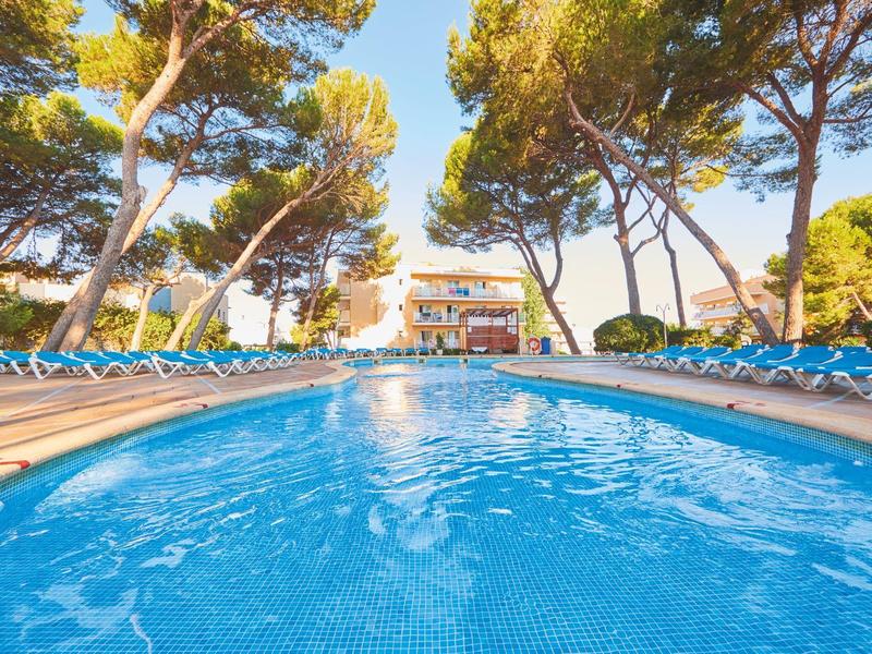 Basen otoczony leżakami i sosnami, w tle budynek hotelu.