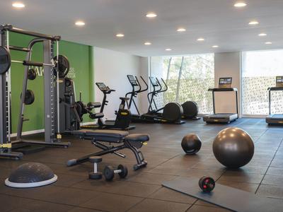 Gimnasio moderno con equipos de ejercicio, pesas y grandes ventanas que dejan entrar luz natural.