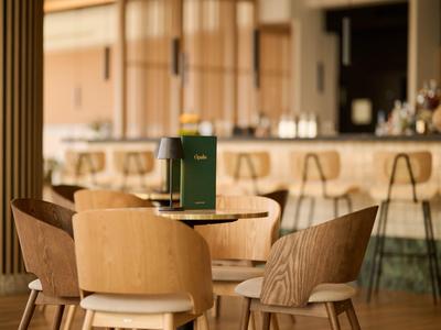 Área de comedor moderna con mesas de madera, sillas tapizadas y barra al fondo.