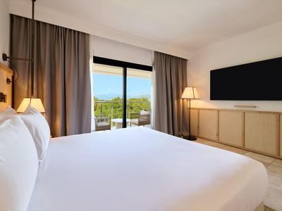 Nowoczesny pokój hotelowy z dużym łóżkiem, telewizorem i balkonem z zielonym widokiem.