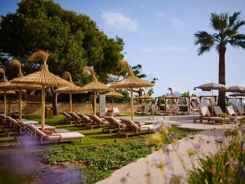 Leżaki z dachami ze słomy i palmy przy słonecznym basenie.