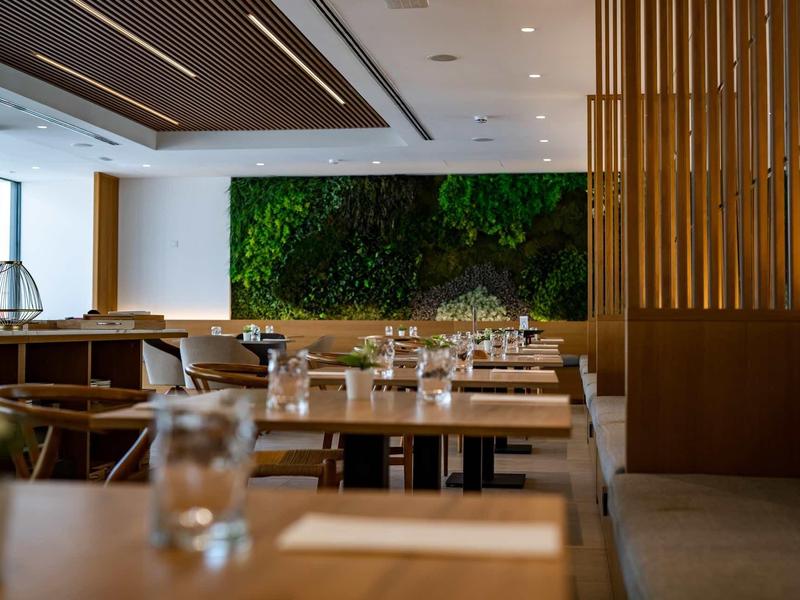Ristorante moderno con tavoli in legno, sedie confortevoli e parete verde di piante sullo sfondo.
