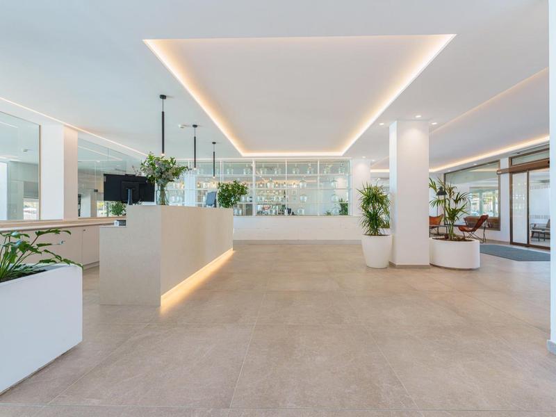 Helle, moderne Hotellobby mit minimalistischer Einrichtung und großen Pflanzen.