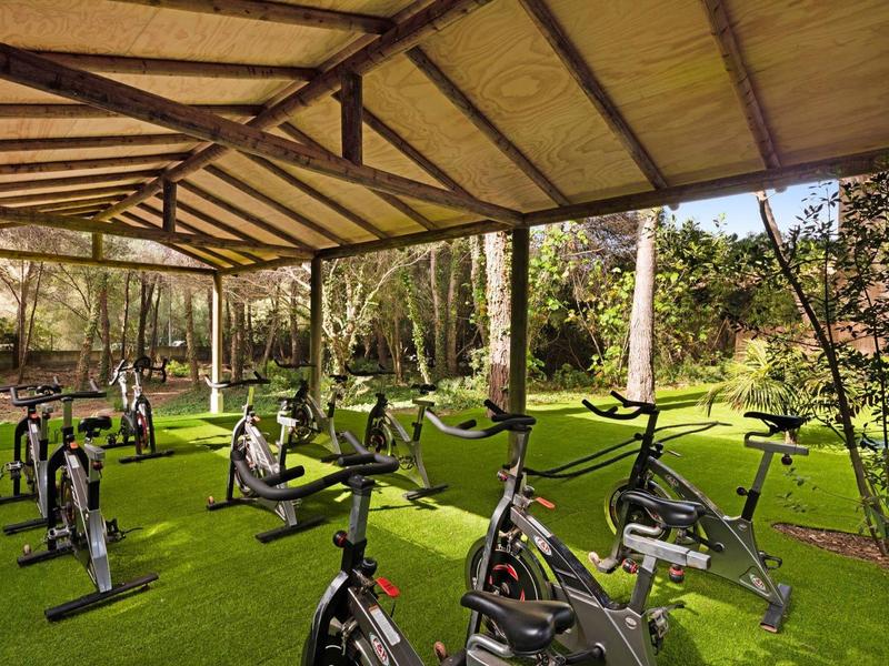 Plusieurs vélos d'appartement sous un abri sur de l'herbe verte en plein air.