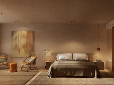 Modern eingerichtetes Schlafzimmer mit Doppelbett, Wandkunst und Holzmöbeln in warmen Tönen.