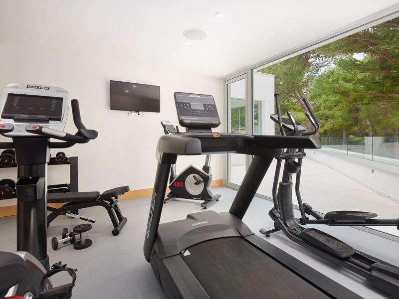 Modern gym equipment in a bright fitness room with large windows overlooking greenery.