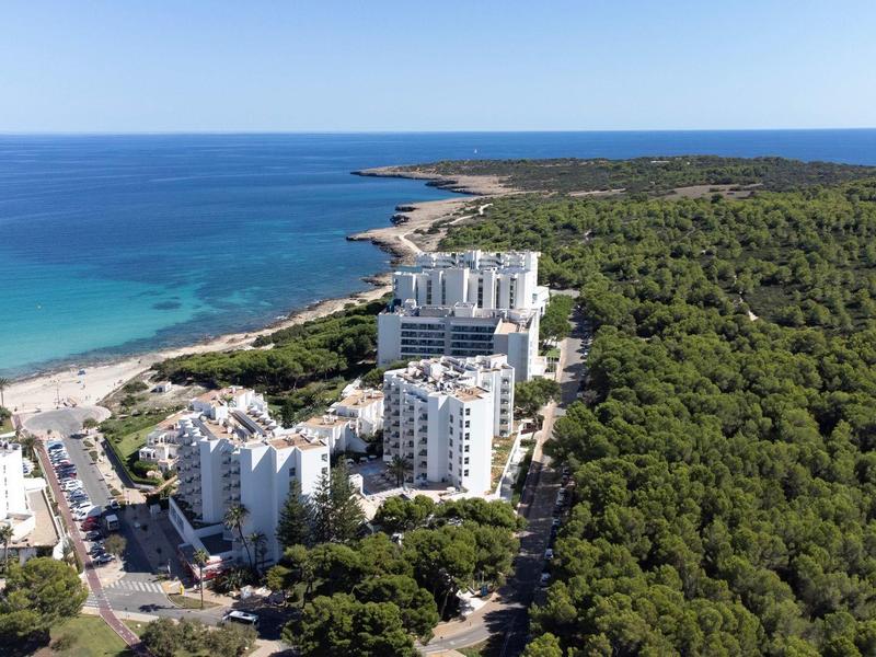 Coastal hotel next to a dense forest overlooking the blue sea and sky.