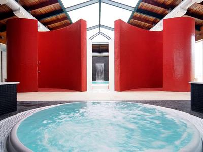 Modern hot tub in a room with red walls and wooden beam ceiling.