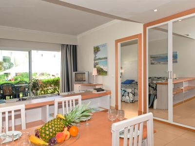 Bright hotel room with dining table, mirrors, and view of terrace and garden.
