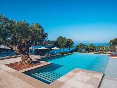 Infinity-Pool mit klar blauem Wasser, Baum im Vordergrund, Liegen und Meerblick im Hintergrund.