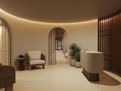 Moderner Hotel-Eingangsbereich mit beigem Boden, Stuhl, Pflanzen und indirekter Beleuchtung.