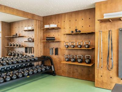Moderner Fitnessraum mit Hanteln, Kettlebells und Kletterseilen in Holz-Wandregalen.