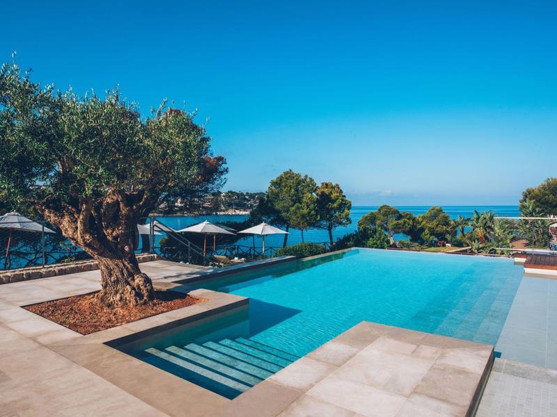 Infinity-Pool mit klar blauem Wasser, Baum im Vordergrund, Liegen und Meerblick im Hintergrund.