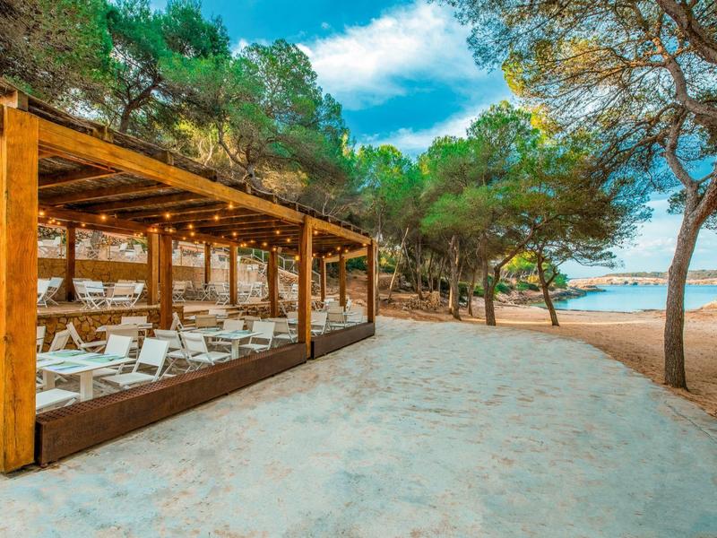 Plaża z piaskiem, drzewami i drewnianym pawilonem z leżakami pod niebieskim niebem.