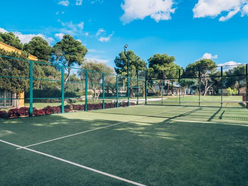 Kort tenisowy na świeżym powietrzu z zieloną nawierzchnią i kwitnącymi drzewami w tle.