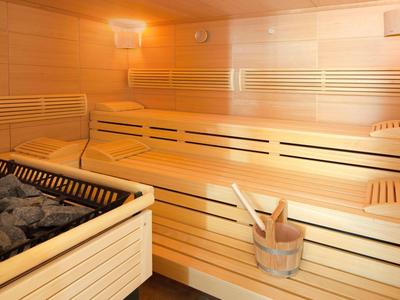 Small wooden sauna interior with bench seating and a bucket with ladle for water.