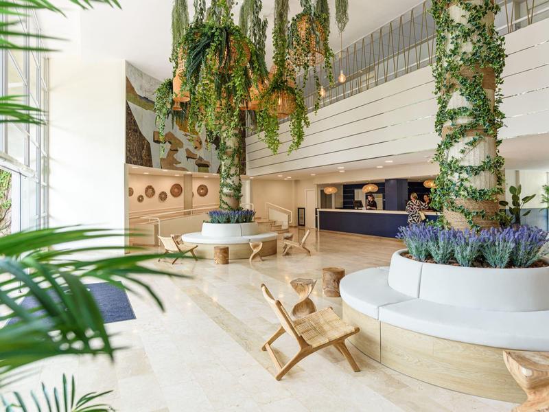 Hall dell'hotel luminoso con zona relax in legno e piante appese.