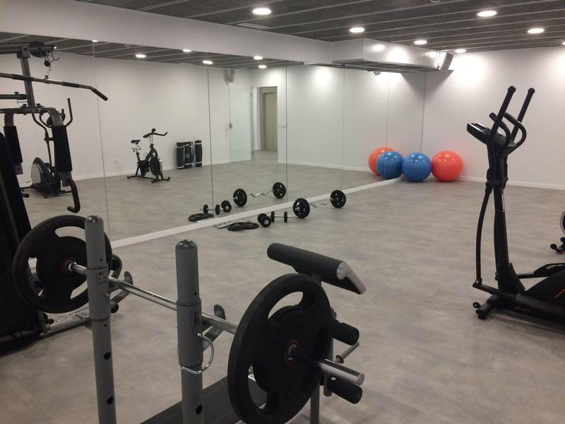 Modern gym room with mirrored wall, dumbbells, weights, and exercise equipment.