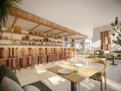 Heller, moderner Hotelbarbereich mit Holzmöbeln und gemütlichen Sitzgelegenheiten.