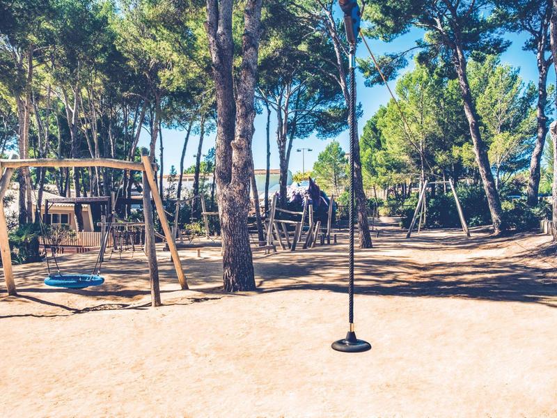 Plac zabaw z huśtawkami i drzewami w słonecznym obszarze rekreacyjnym.