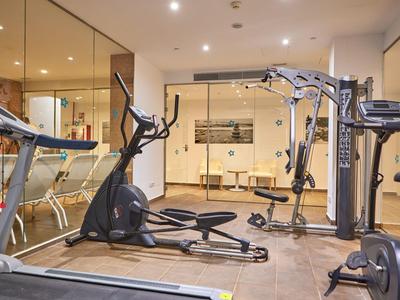 Moderní posilovna s různými cvičebními stroji a zrcadly na stěnách.