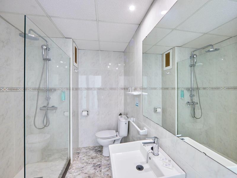 Modern bathroom with walk-in shower, toilet, sink, and large mirror.