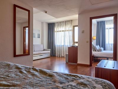 Blick vom Bett auf ein Wohnzimmer mit Sofa, einem Baumusterteppich und einem großen Spiegel in einem Hotelzimmer.